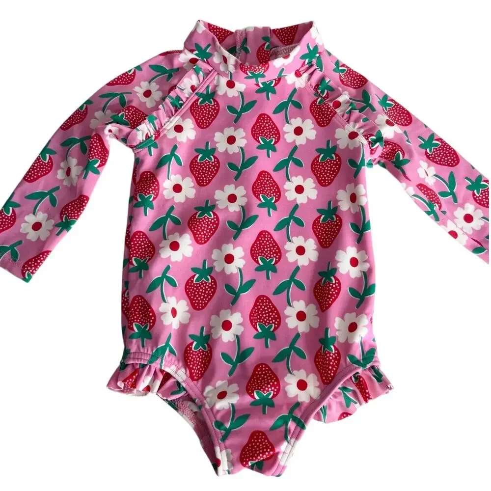 Baby Boden Baby Girl Strawberry Floral Rash Guard Swimsuit 3-6M 68cm Pink